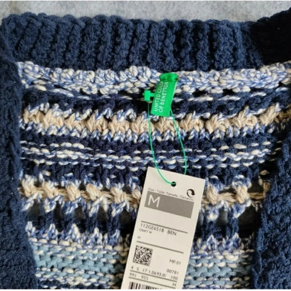 Benetton Womans Blue Knit Crochet Cut Out Striped Open Cardigan Sweater M NWT - Picture 6 of 14